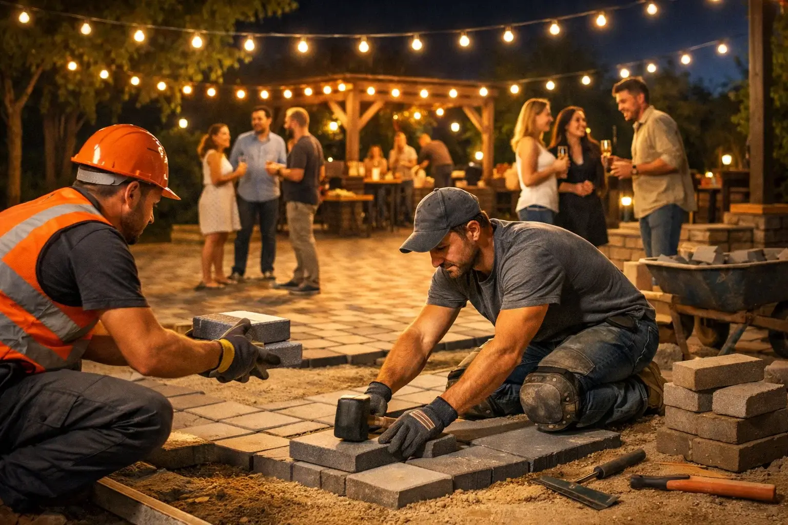 evening gathering on paved area with lights