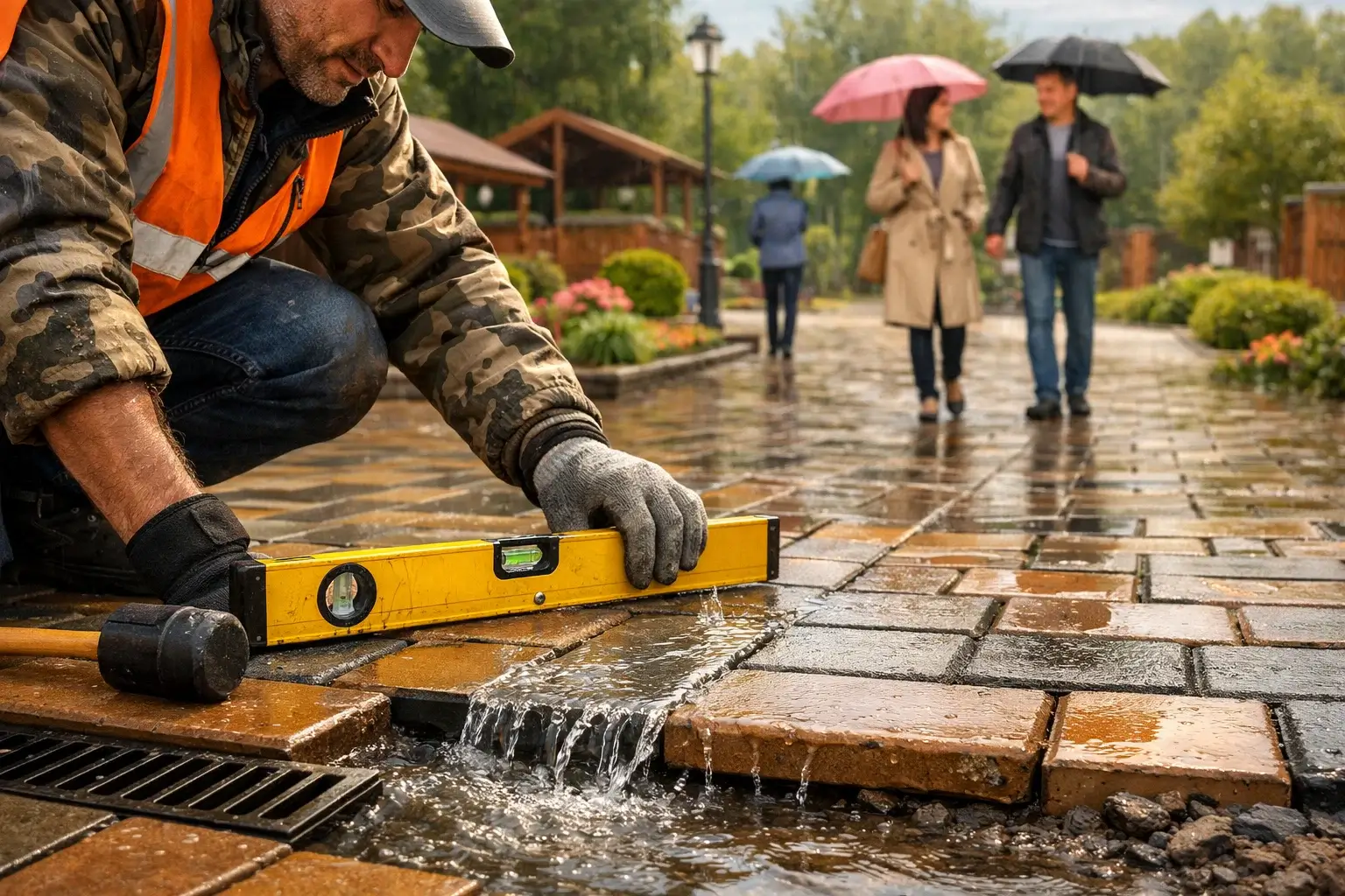 rainwater flowing on new paving surface