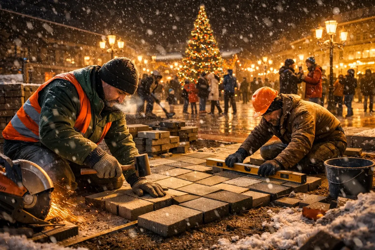 people walking on paved square at night snow