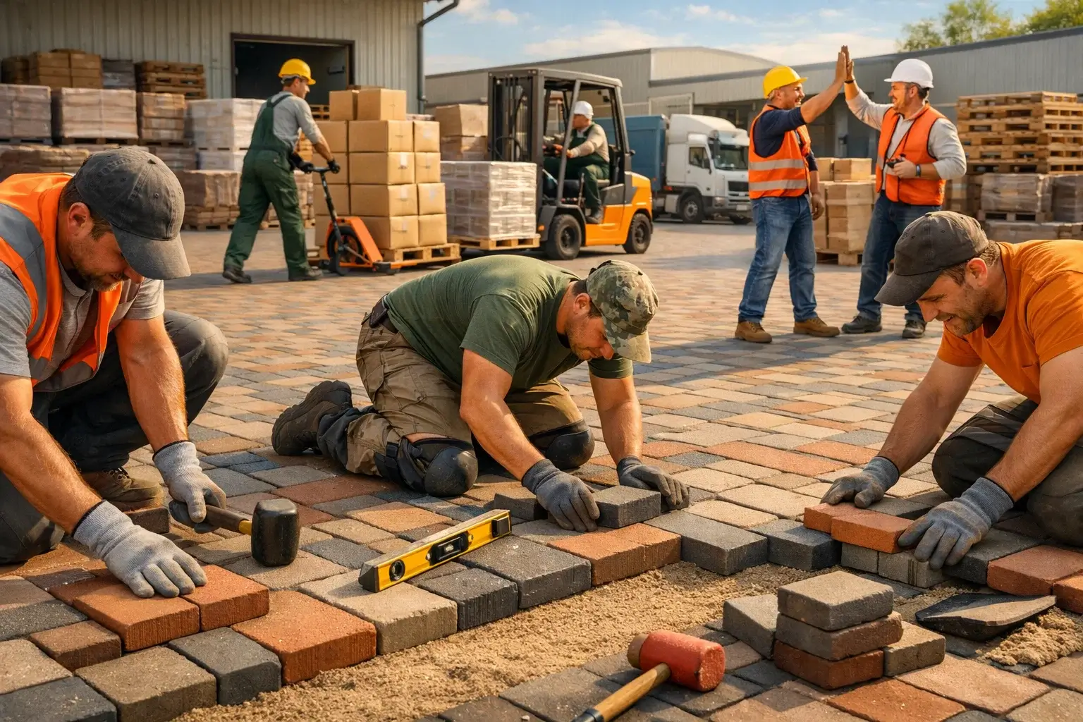 warehouse workers moving goods on paved yard