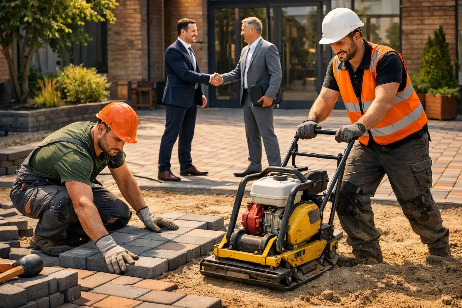 business handshake on paved office entrance