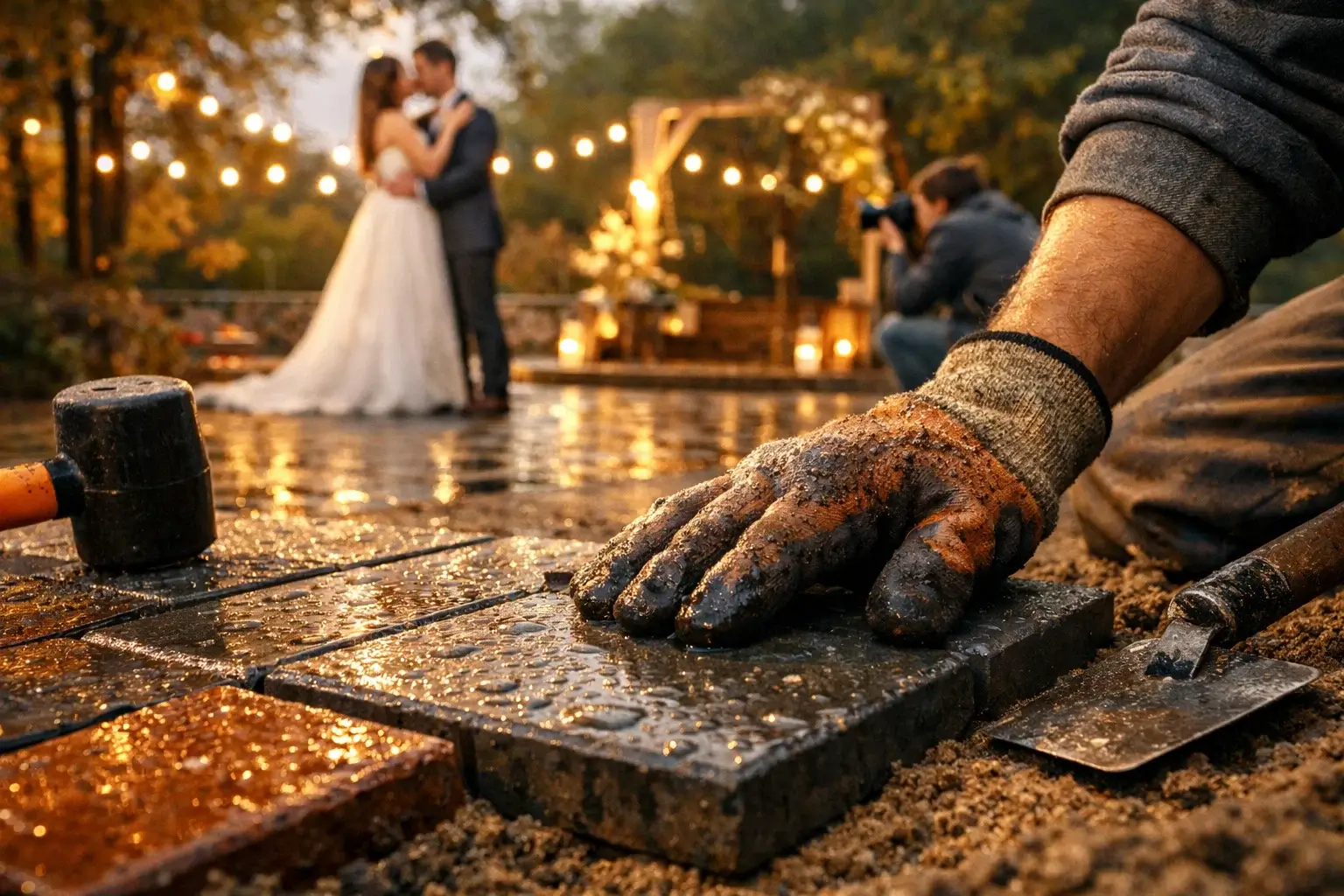 wedding photoshoot on wet paving after rain