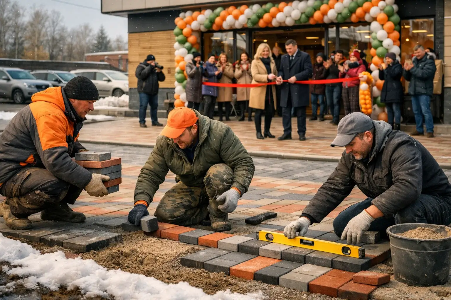 store opening ceremony on paved parking area