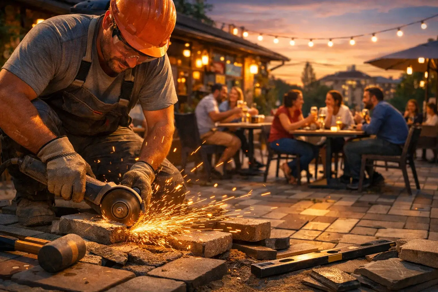 outdoor cafe on new paving at sunset