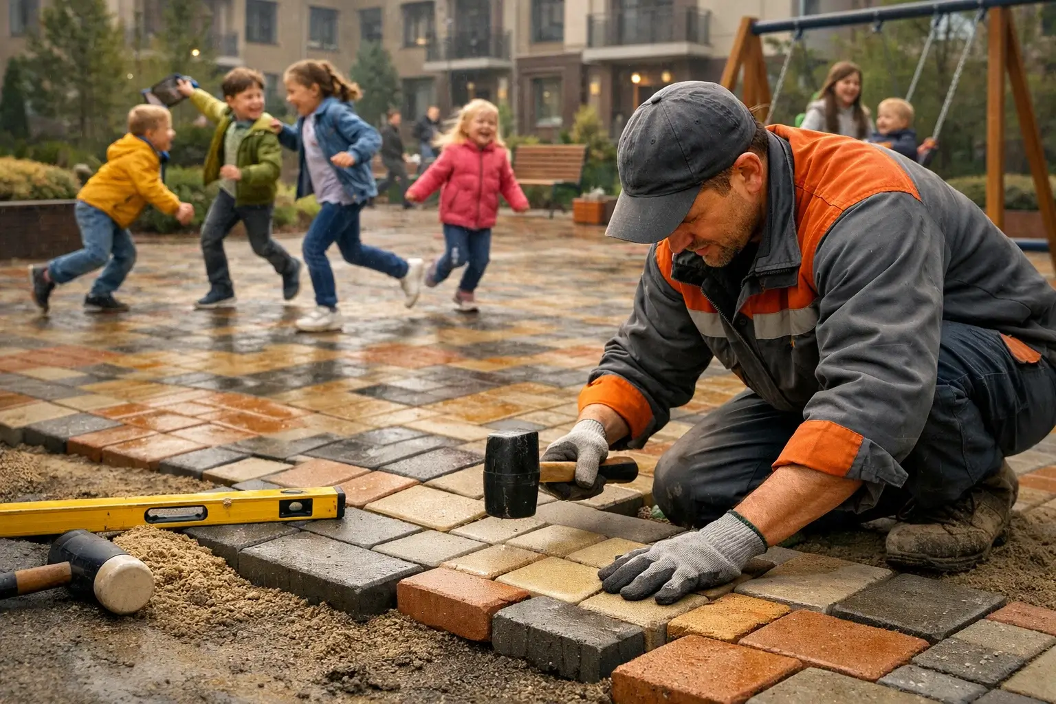 children playing on paved residential yard