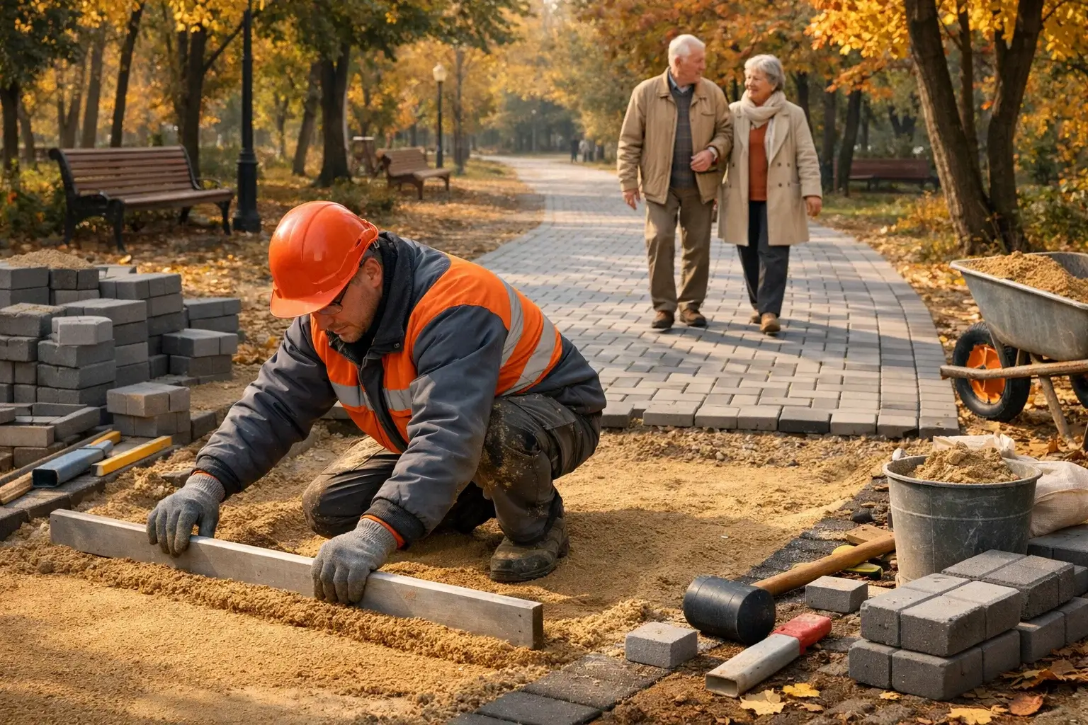 elderly couple walking on paved path