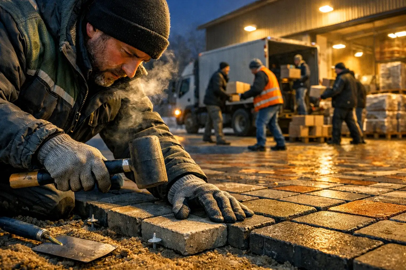 workers unloading goods on paved warehouse area